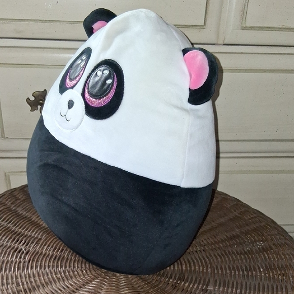 TY Squish-A-Boos Bamboo Cuddly Black and White Panda Plush with Pink Ears 12" - Picture 2 of 4